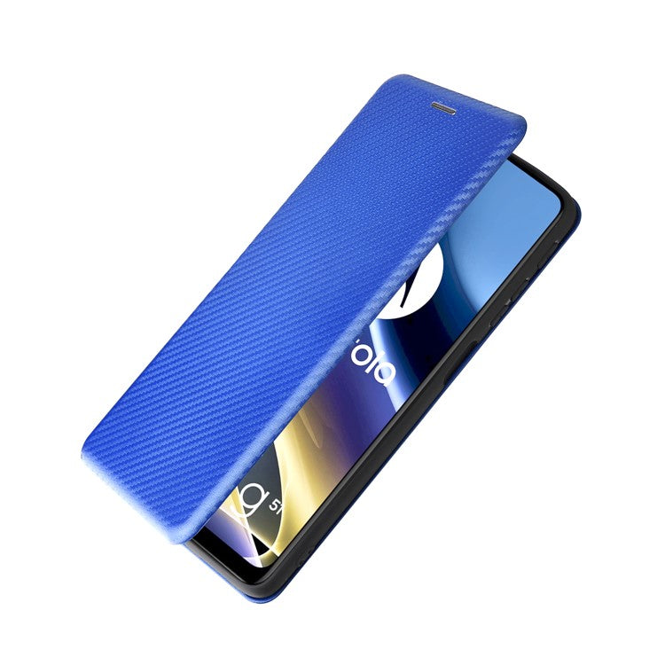 Ring Strap Kickstand Design Carbon Fiber Texture PU Leather Cover Folio Flip Phone Case with Card Slot for Motorola Moto G51 5G - Blue