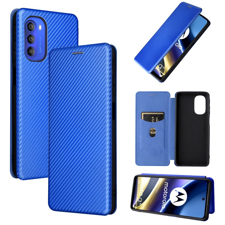 Ring Strap Kickstand Design Carbon Fiber Texture PU Leather Cover Folio Flip Phone Case with Card Slot for Motorola Moto G51 5G - Blue