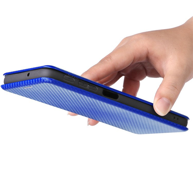 Ring Strap Kickstand Design Carbon Fiber Texture PU Leather Cover Folio Flip Phone Case with Card Slot for Motorola Moto G51 5G - Blue