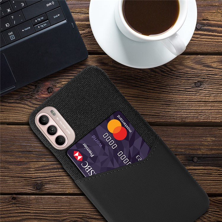 Card Holder Design Cloth + PC + PU Leather Back Cover Shockproof Case for Motorola Moto G31 / G41 - Black