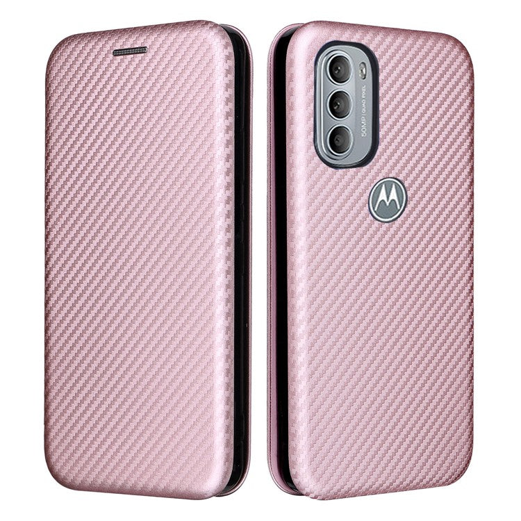 Ring Strap Kickstand Design Drop-proof PU Leather Carbon Fiber Texture Mobile Phone Case with Card Slot for Motorola Moto G31/G41 - Rose Gold