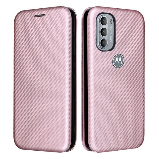 Ring Strap Kickstand Design Drop-proof PU Leather Carbon Fiber Texture Mobile Phone Case with Card Slot for Motorola Moto G31/G41 - Rose Gold