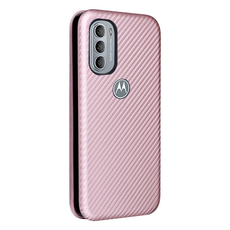 Ring Strap Kickstand Design Drop-proof PU Leather Carbon Fiber Texture Mobile Phone Case with Card Slot for Motorola Moto G31/G41 - Rose Gold