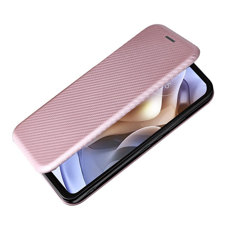 Ring Strap Kickstand Design Drop-proof PU Leather Carbon Fiber Texture Mobile Phone Case with Card Slot for Motorola Moto G31/G41 - Rose Gold