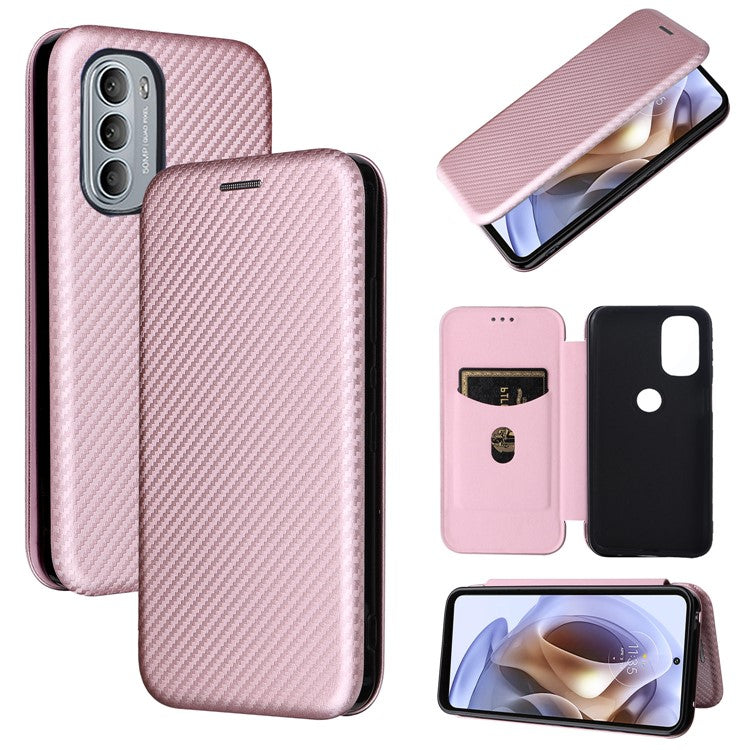 Ring Strap Kickstand Design Drop-proof PU Leather Carbon Fiber Texture Mobile Phone Case with Card Slot for Motorola Moto G31/G41 - Rose Gold