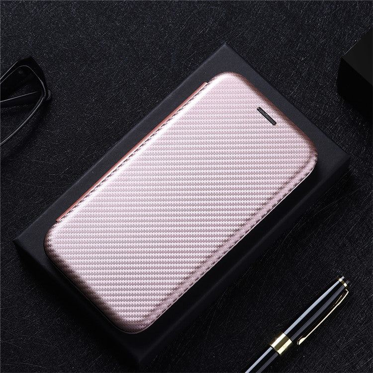 Ring Strap Kickstand Design Drop-proof PU Leather Carbon Fiber Texture Mobile Phone Case with Card Slot for Motorola Moto G31/G41 - Rose Gold