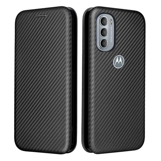 Ring Strap Kickstand Design Drop-proof PU Leather Carbon Fiber Texture Mobile Phone Case with Card Slot for Motorola Moto G31/G41 - Black