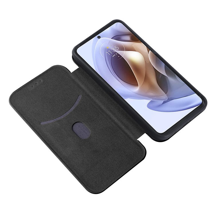 Ring Strap Kickstand Design Drop-proof PU Leather Carbon Fiber Texture Mobile Phone Case with Card Slot for Motorola Moto G31/G41 - Black