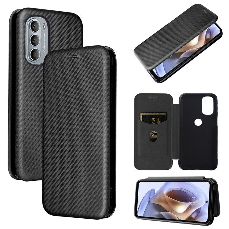 Ring Strap Kickstand Design Drop-proof PU Leather Carbon Fiber Texture Mobile Phone Case with Card Slot for Motorola Moto G31/G41 - Black