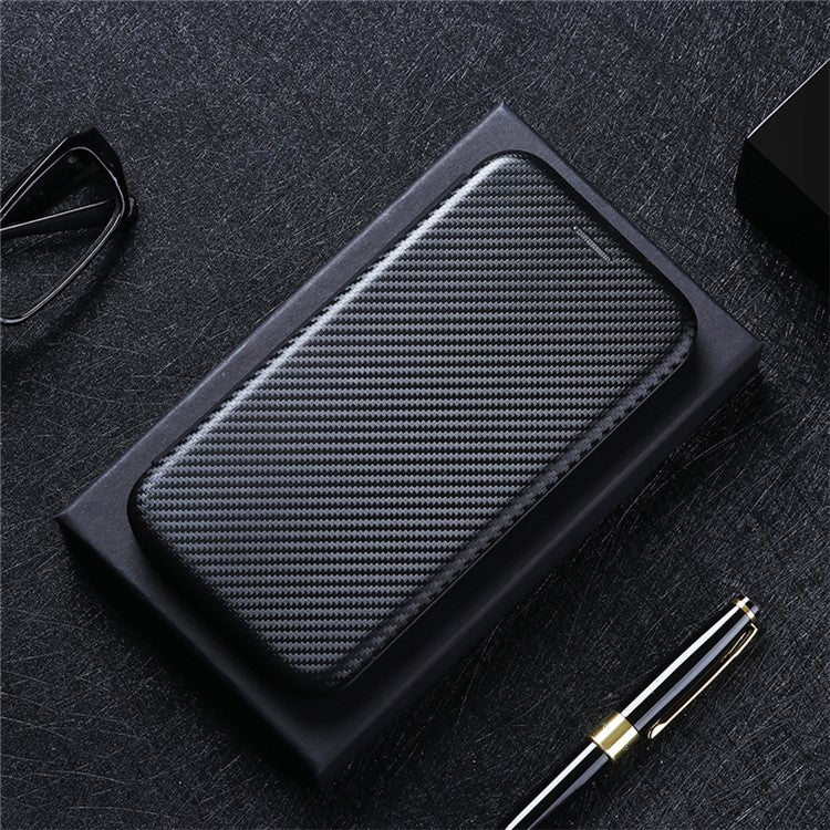 Ring Strap Kickstand Design Drop-proof PU Leather Carbon Fiber Texture Mobile Phone Case with Card Slot for Motorola Moto G31/G41 - Black