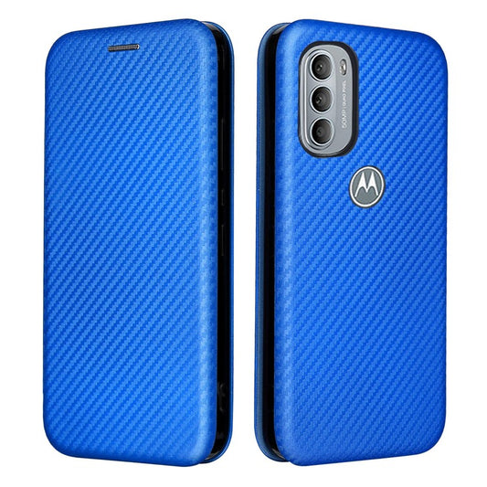 Ring Strap Kickstand Design Drop-proof PU Leather Carbon Fiber Texture Mobile Phone Case with Card Slot for Motorola Moto G31/G41 - Blue