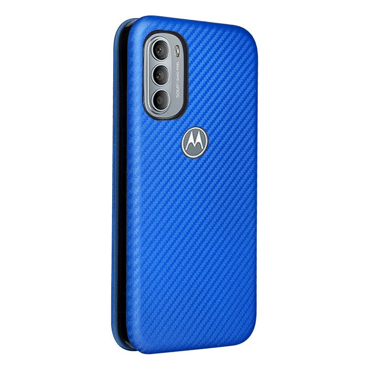 Ring Strap Kickstand Design Drop-proof PU Leather Carbon Fiber Texture Mobile Phone Case with Card Slot for Motorola Moto G31/G41 - Blue