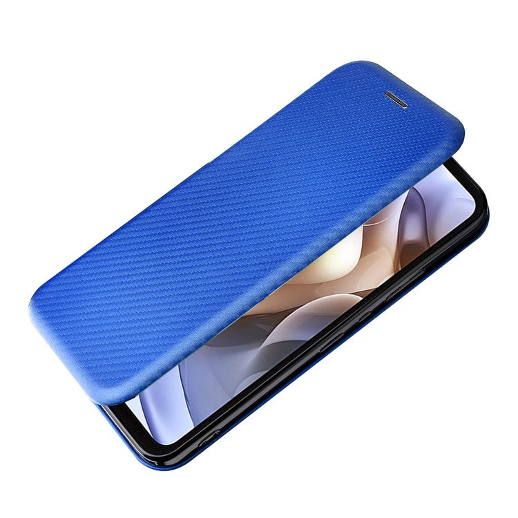 Ring Strap Kickstand Design Drop-proof PU Leather Carbon Fiber Texture Mobile Phone Case with Card Slot for Motorola Moto G31/G41 - Blue