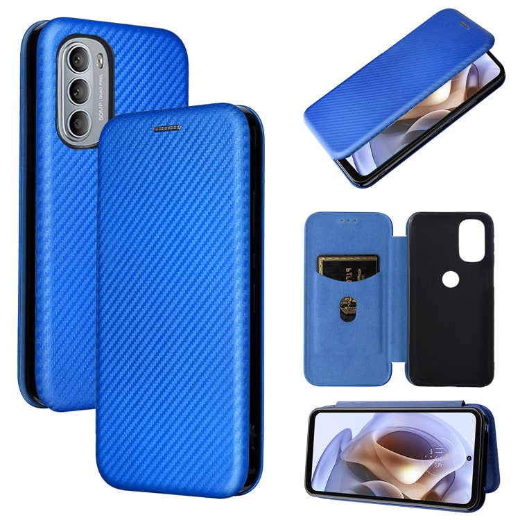 Ring Strap Kickstand Design Drop-proof PU Leather Carbon Fiber Texture Mobile Phone Case with Card Slot for Motorola Moto G31/G41 - Blue