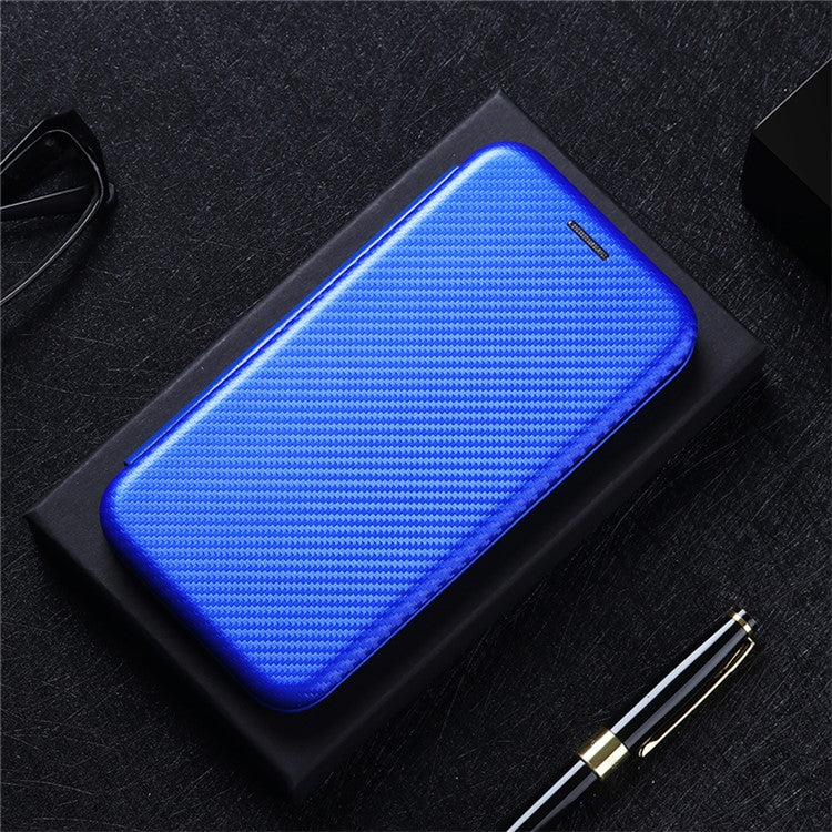 Ring Strap Kickstand Design Drop-proof PU Leather Carbon Fiber Texture Mobile Phone Case with Card Slot for Motorola Moto G31/G41 - Blue