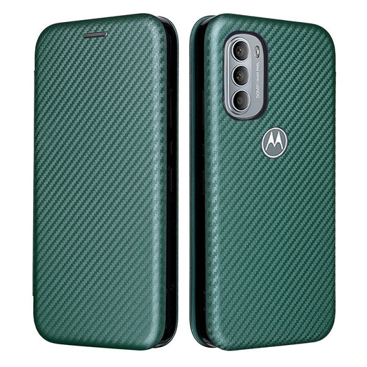 Ring Strap Kickstand Design Drop-proof PU Leather Carbon Fiber Texture Mobile Phone Case with Card Slot for Motorola Moto G31/G41 - Green