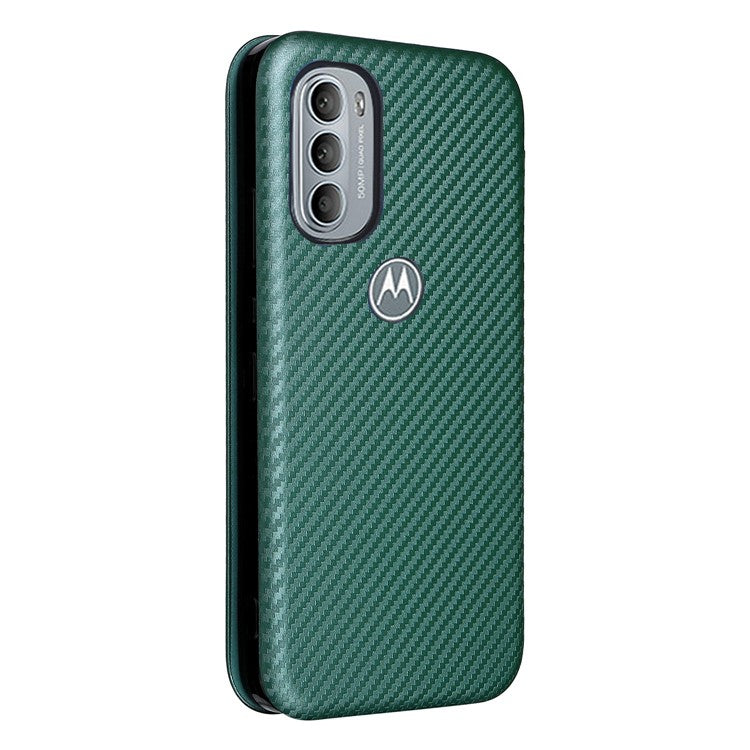 Ring Strap Kickstand Design Drop-proof PU Leather Carbon Fiber Texture Mobile Phone Case with Card Slot for Motorola Moto G31/G41 - Green