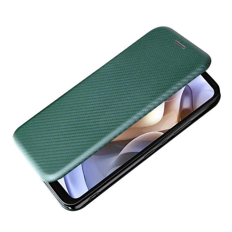 Ring Strap Kickstand Design Drop-proof PU Leather Carbon Fiber Texture Mobile Phone Case with Card Slot for Motorola Moto G31/G41 - Green