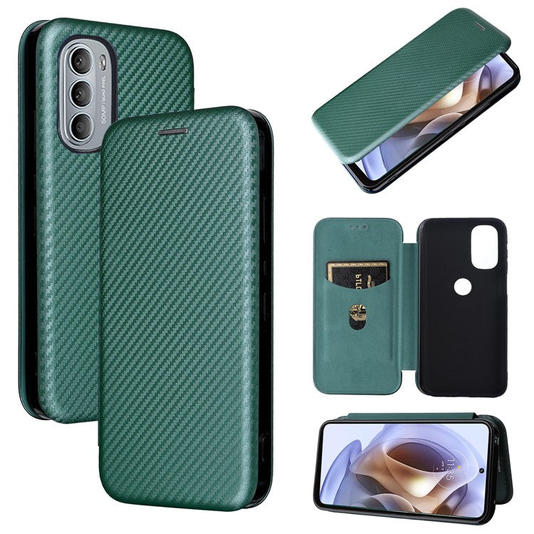 Ring Strap Kickstand Design Drop-proof PU Leather Carbon Fiber Texture Mobile Phone Case with Card Slot for Motorola Moto G31/G41 - Green