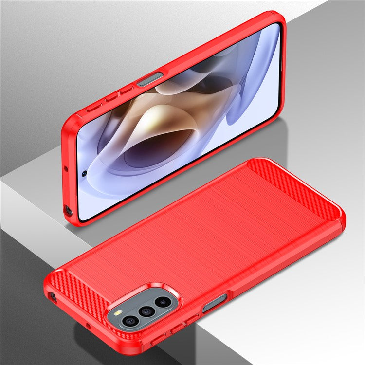 1.8mm Flexible Carbon Fiber Texture TPU Case Brushed Surface Phone Cover with Drop-Proof Air Bag Buffer for Motorola Moto G31/G41 - Red