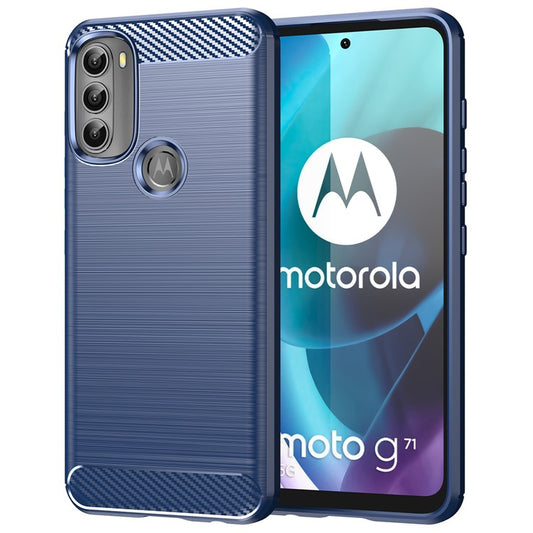 Super Flexible TPU Case Carbon Fiber Texture Brushed Surface Phone Cover with Shock-Absorbed Buffer for Motorola Moto G71 5G - Blue
