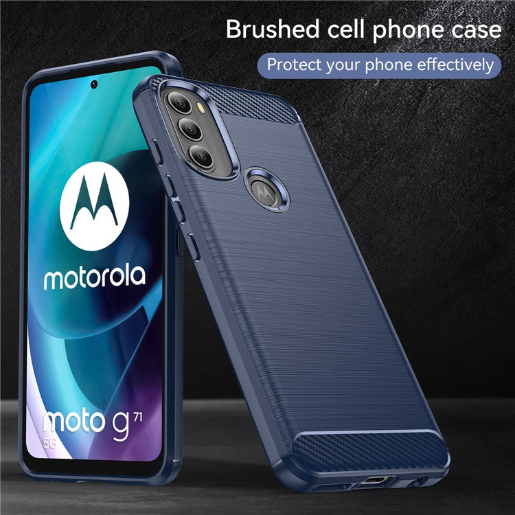 Super Flexible TPU Case Carbon Fiber Texture Brushed Surface Phone Cover with Shock-Absorbed Buffer for Motorola Moto G71 5G - Blue