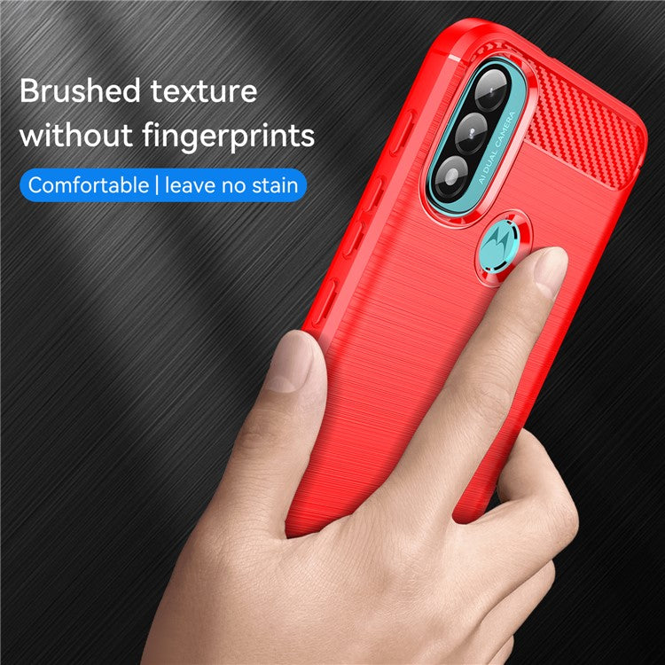 1.8mm Carbon Fiber Texture Brushed Surface TPU Case Air Bag Buffering Super Flexible Phone Cover for Motorola Moto E40/E30/E20 - Red