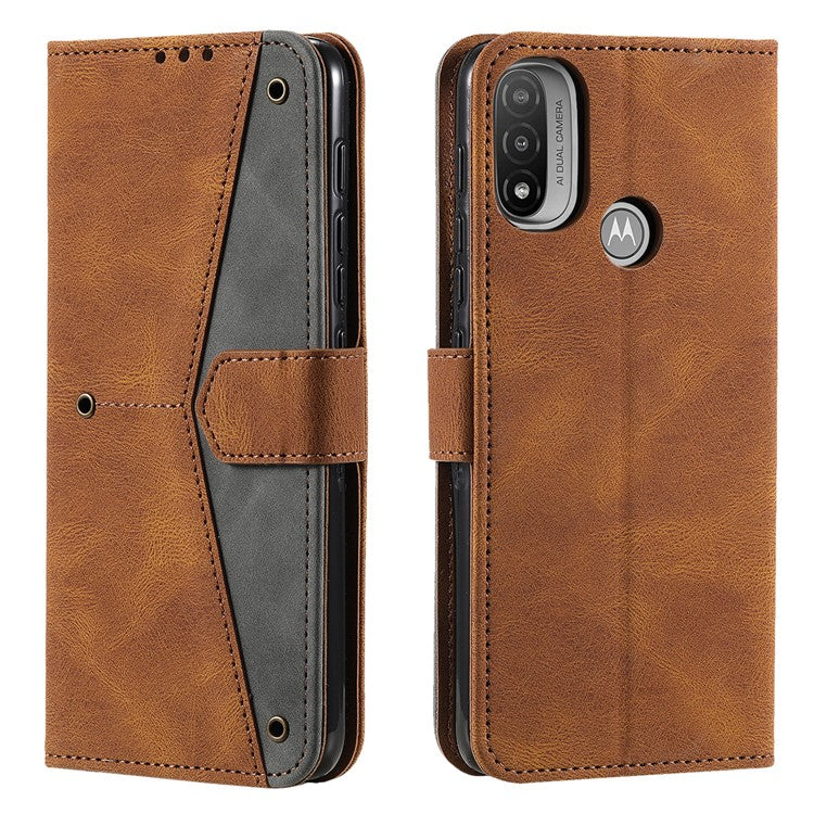 Stitching Surface Splicing Style PU Leather and TPU Phone Flip Case Skin-touch Stand Wallet Phone Protective Cover for Motorola Moto E20/E30/E40 - Brown