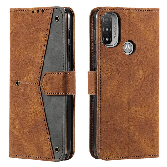 Stitching Surface Splicing Style PU Leather and TPU Phone Flip Case Skin-touch Stand Wallet Phone Protective Cover for Motorola Moto E20/E30/E40 - Brown