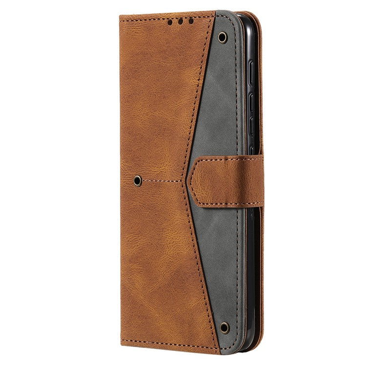 Stitching Surface Splicing Style PU Leather and TPU Phone Flip Case Skin-touch Stand Wallet Phone Protective Cover for Motorola Moto E20/E30/E40 - Brown