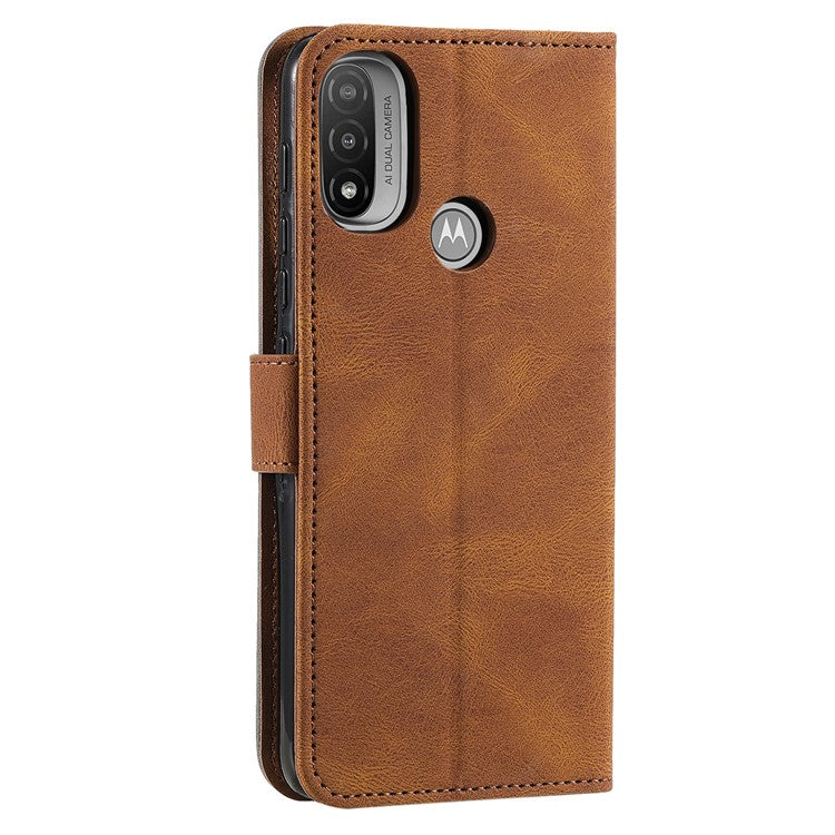 Stitching Surface Splicing Style PU Leather and TPU Phone Flip Case Skin-touch Stand Wallet Phone Protective Cover for Motorola Moto E20/E30/E40 - Brown