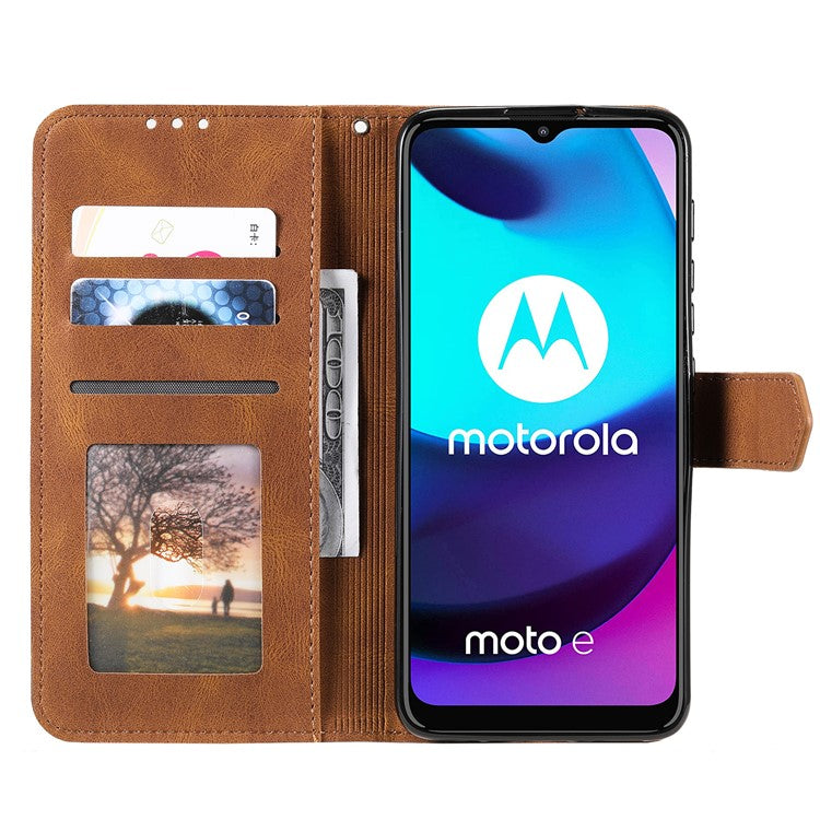 Stitching Surface Splicing Style PU Leather and TPU Phone Flip Case Skin-touch Stand Wallet Phone Protective Cover for Motorola Moto E20/E30/E40 - Brown