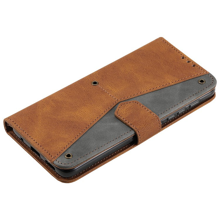 Stitching Surface Splicing Style PU Leather and TPU Phone Flip Case Skin-touch Stand Wallet Phone Protective Cover for Motorola Moto E20/E30/E40 - Brown