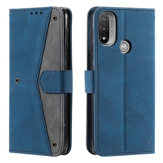 Stitching Surface Splicing Style PU Leather and TPU Phone Flip Case Skin-touch Stand Wallet Phone Protective Cover for Motorola Moto E20/E30/E40 - Blue