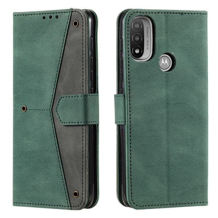 Stitching Surface Splicing Style PU Leather and TPU Phone Flip Case Skin-touch Stand Wallet Phone Protective Cover for Motorola Moto E20/E30/E40 - Green