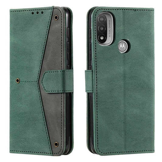 Stitching Surface Splicing Style PU Leather and TPU Phone Flip Case Skin-touch Stand Wallet Phone Protective Cover for Motorola Moto E20/E30/E40 - Green
