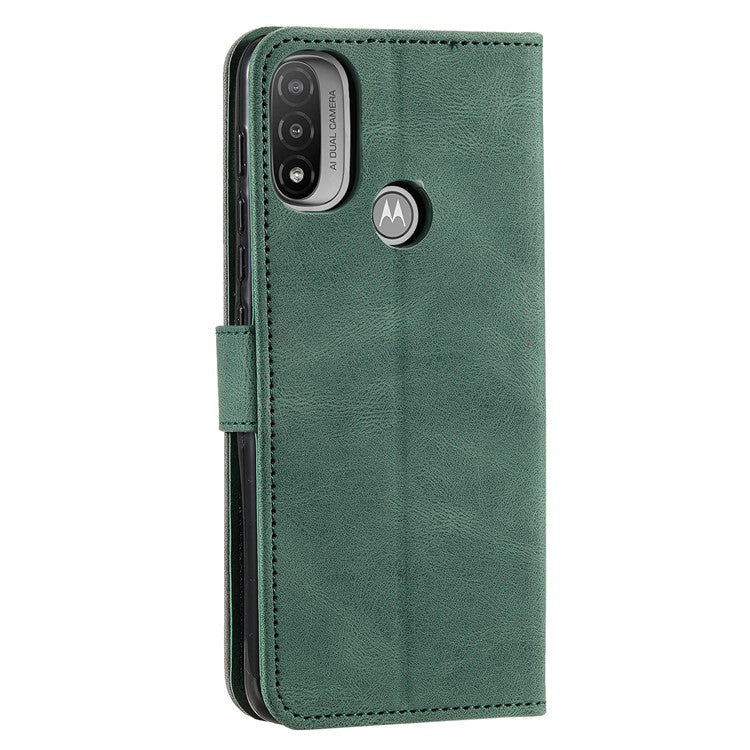 Stitching Surface Splicing Style PU Leather and TPU Phone Flip Case Skin-touch Stand Wallet Phone Protective Cover for Motorola Moto E20/E30/E40 - Green