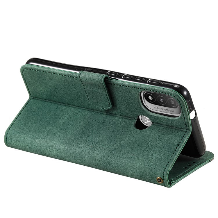 Stitching Surface Splicing Style PU Leather and TPU Phone Flip Case Skin-touch Stand Wallet Phone Protective Cover for Motorola Moto E20/E30/E40 - Green