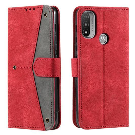 Stitching Surface Splicing Style PU Leather and TPU Phone Flip Case Skin-touch Stand Wallet Phone Protective Cover for Motorola Moto E20/E30/E40 - Red