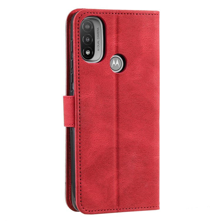 Stitching Surface Splicing Style PU Leather and TPU Phone Flip Case Skin-touch Stand Wallet Phone Protective Cover for Motorola Moto E20/E30/E40 - Red