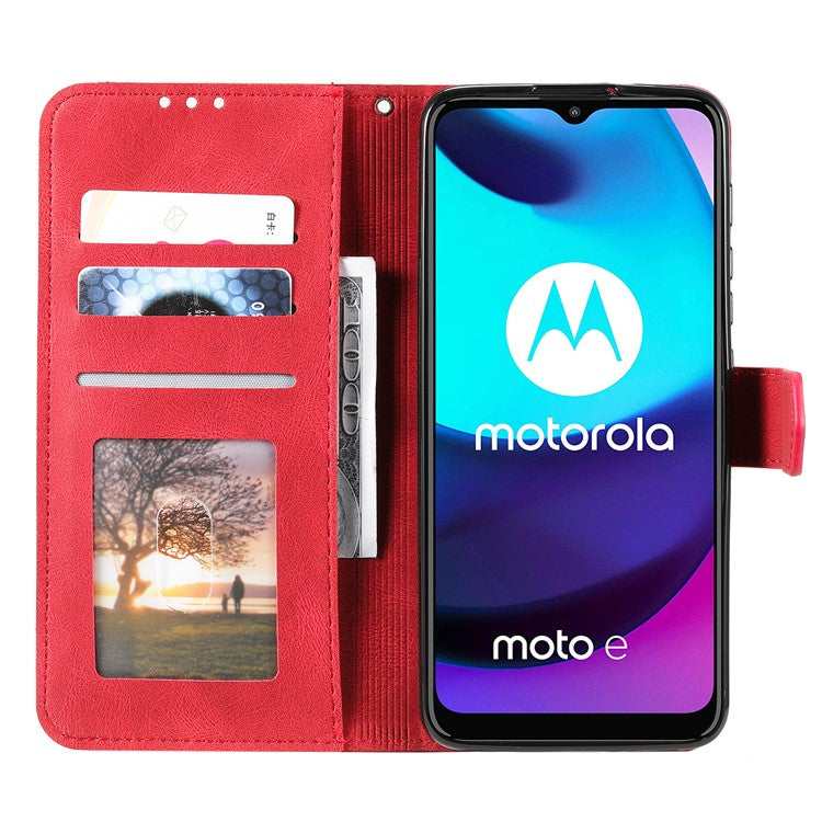 Stitching Surface Splicing Style PU Leather and TPU Phone Flip Case Skin-touch Stand Wallet Phone Protective Cover for Motorola Moto E20/E30/E40 - Red