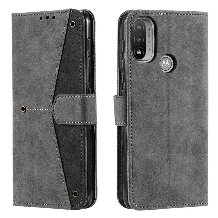 Stitching Surface Splicing Style PU Leather and TPU Phone Flip Case Skin-touch Stand Wallet Phone Protective Cover for Motorola Moto E20/E30/E40 - Grey