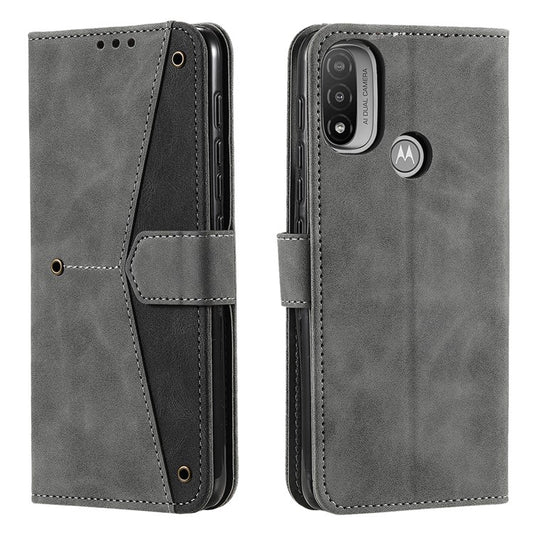 Stitching Surface Splicing Style PU Leather and TPU Phone Flip Case Skin-touch Stand Wallet Phone Protective Cover for Motorola Moto E20/E30/E40 - Grey