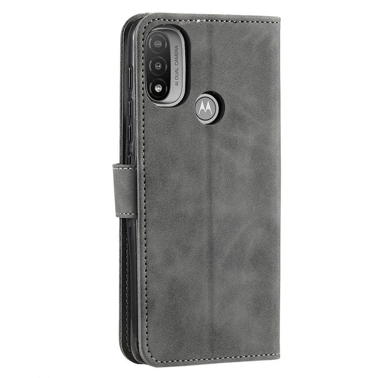 Stitching Surface Splicing Style PU Leather and TPU Phone Flip Case Skin-touch Stand Wallet Phone Protective Cover for Motorola Moto E20/E30/E40 - Grey