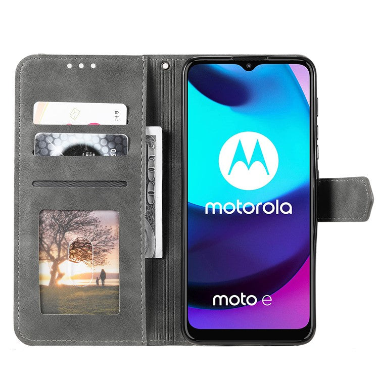 Stitching Surface Splicing Style PU Leather and TPU Phone Flip Case Skin-touch Stand Wallet Phone Protective Cover for Motorola Moto E20/E30/E40 - Grey