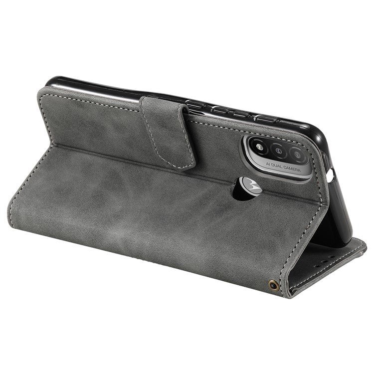 Stitching Surface Splicing Style PU Leather and TPU Phone Flip Case Skin-touch Stand Wallet Phone Protective Cover for Motorola Moto E20/E30/E40 - Grey