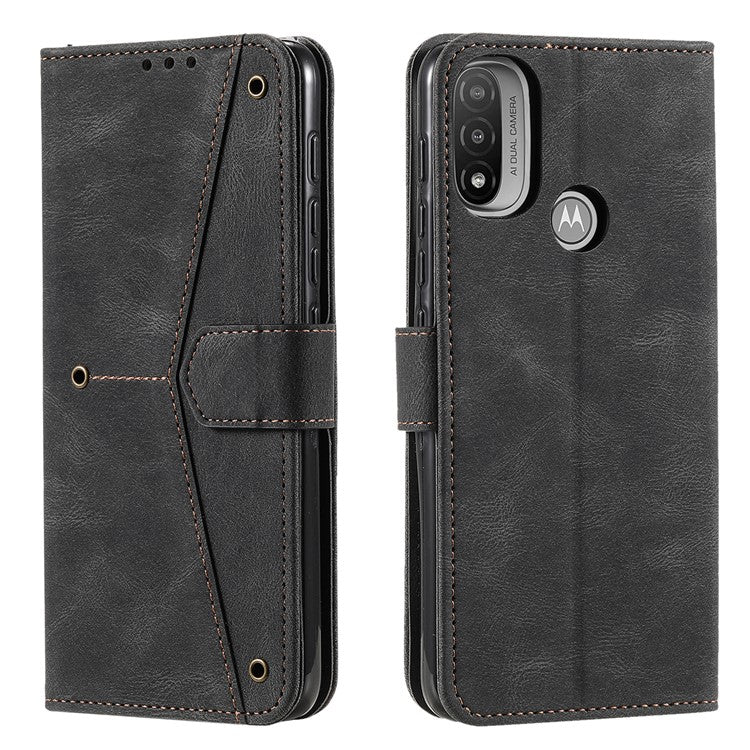 Stitching Surface Splicing Style PU Leather and TPU Phone Flip Case Skin-touch Stand Wallet Phone Protective Cover for Motorola Moto E20/E30/E40 - Black