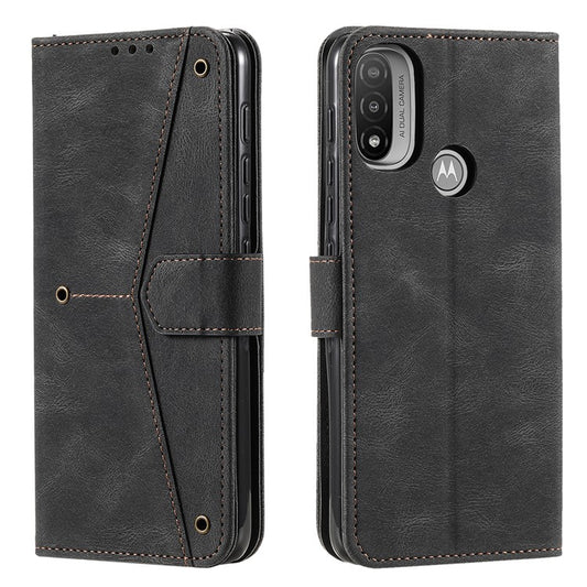 Stitching Surface Splicing Style PU Leather and TPU Phone Flip Case Skin-touch Stand Wallet Phone Protective Cover for Motorola Moto E20/E30/E40 - Black