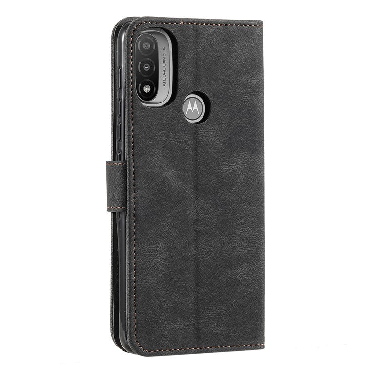 Stitching Surface Splicing Style PU Leather and TPU Phone Flip Case Skin-touch Stand Wallet Phone Protective Cover for Motorola Moto E20/E30/E40 - Black