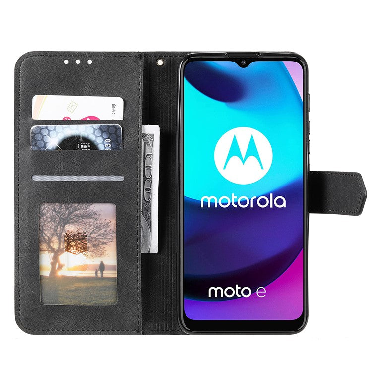 Stitching Surface Splicing Style PU Leather and TPU Phone Flip Case Skin-touch Stand Wallet Phone Protective Cover for Motorola Moto E20/E30/E40 - Black